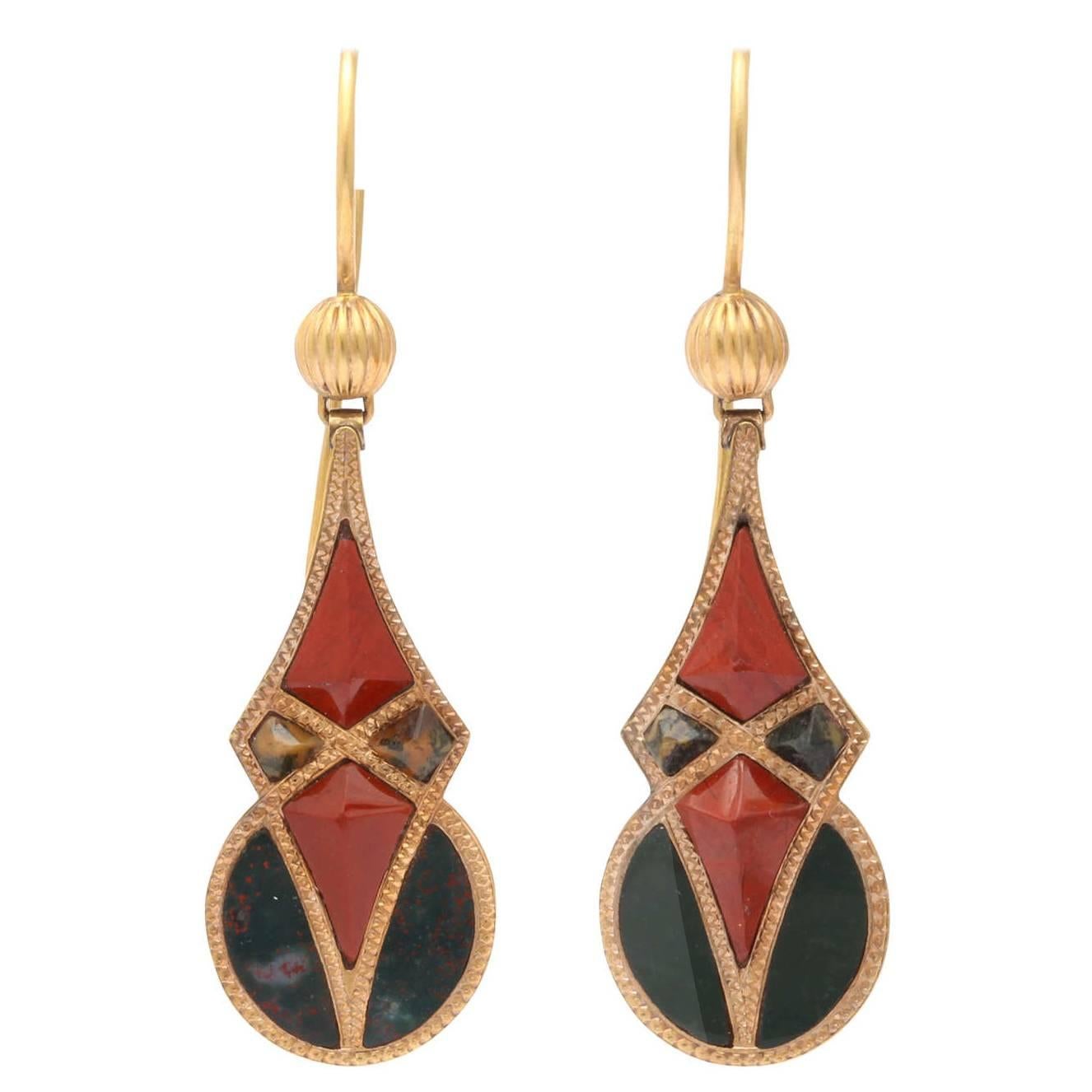 Antique Victorian Geometric Scottish Agate Earrings, circa 1860-1880