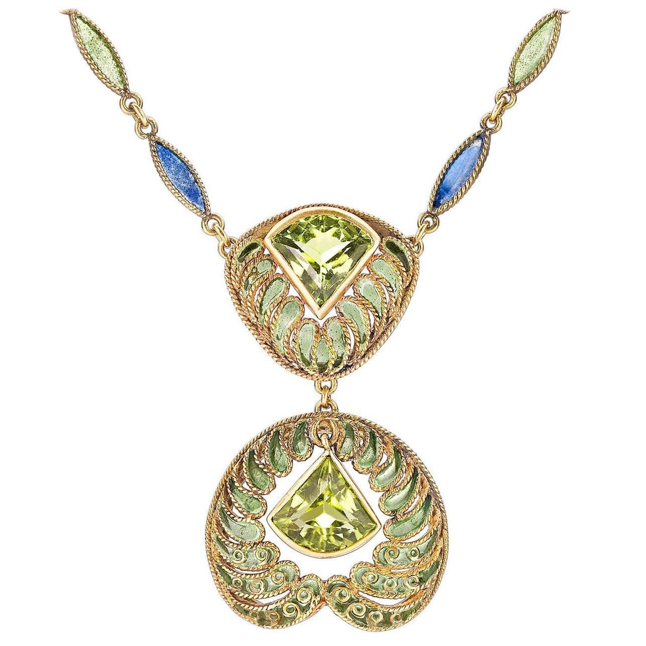 Louis Comfort Tiffany Plique-a-Jour Peridot Gold Halskette