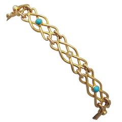 Turquoise and Pearl, 15k Yellow Gold Bracelet - Antique Victorian