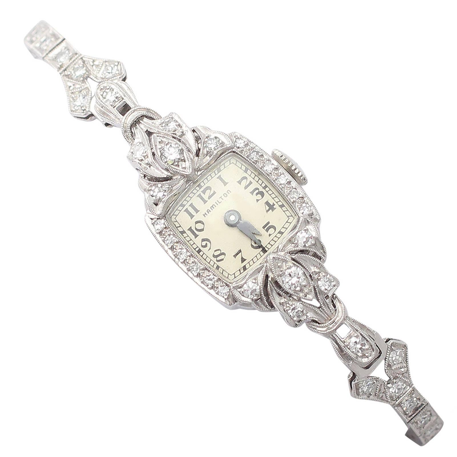 0.82Ct Diamond Hamilton Cocktail Watch in Platinum - Art Deco Style - Vintage