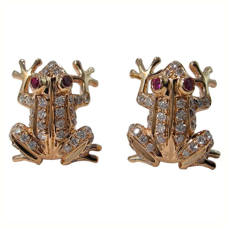 Jona Ruby Diamond Gold Frog Earrings For Sale at 1stdibs