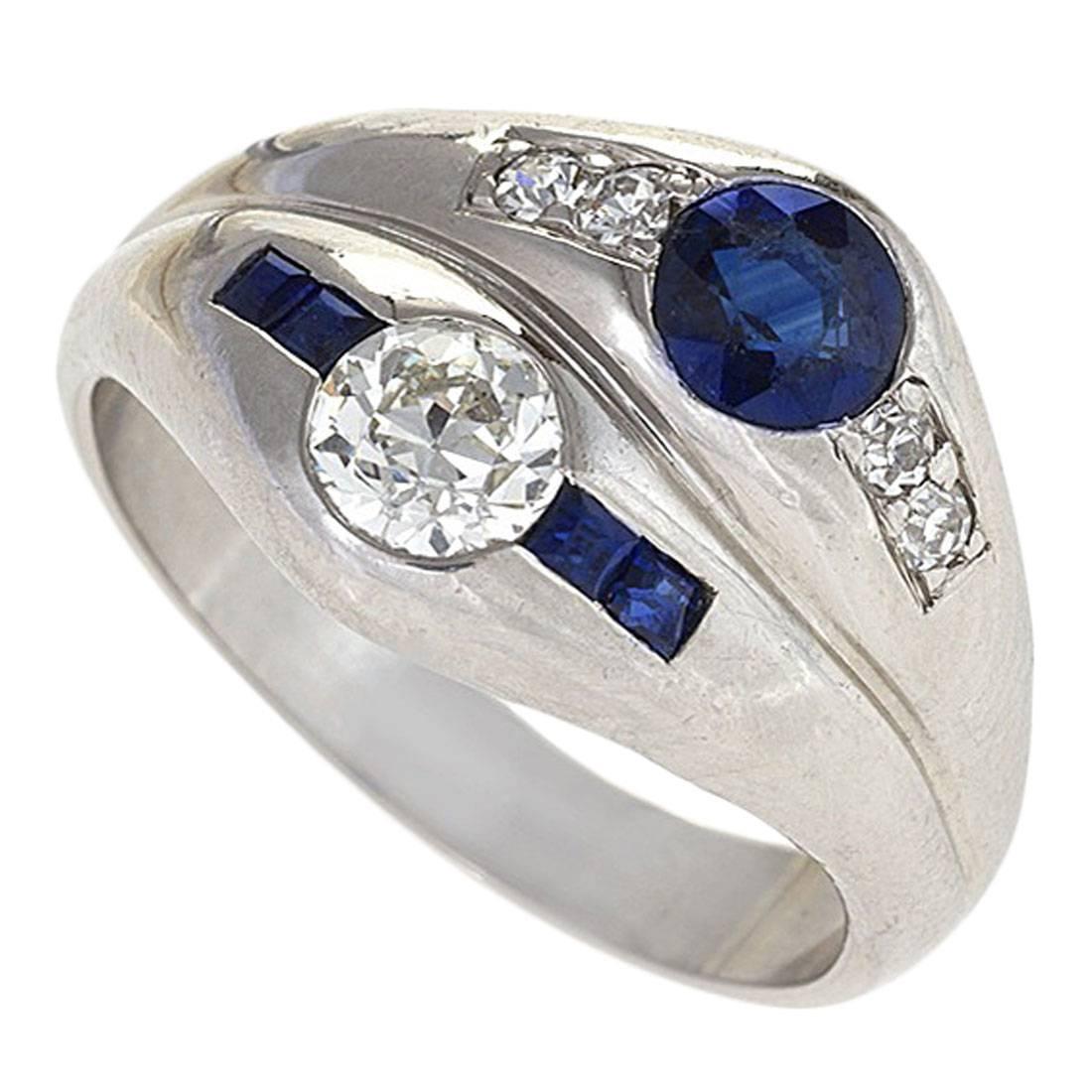 1930s Art Deco Sapphire Diamond and Platinum Double Ring For Sale