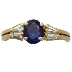 1.16Ct Blue Sapphire & 0.46Ct Diamond, 18k Yellow Gold Ring - Vintage Circa 1980