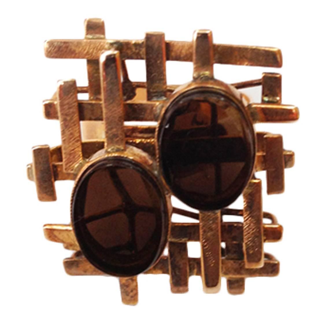Modernist Quartz Gold Lattice Design Statement Ring Estate Fine Jewelry