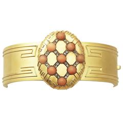 Coral and 0.33Ct Diamond, 18k Yellow Gold Bangle - Antique Victorian 2