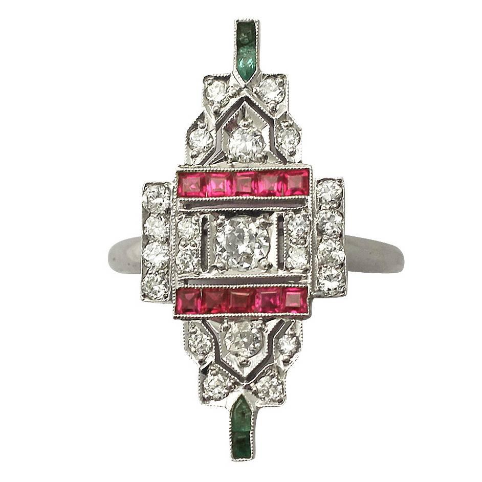 1.38Ct Diamond, Ruby & Emerald 14k White Gold Dress Ring - Art Deco - Vintage