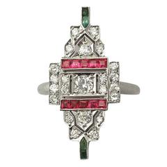 1.38Ct Diamond, Ruby & Emerald 14k White Gold Dress Ring - Art Deco - Vintage