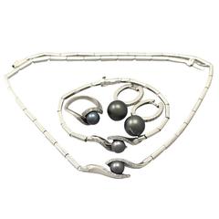 Black Pearl & 0.46Ct Diamond, 18k White Gold Jewellery Set - Contemporary 3