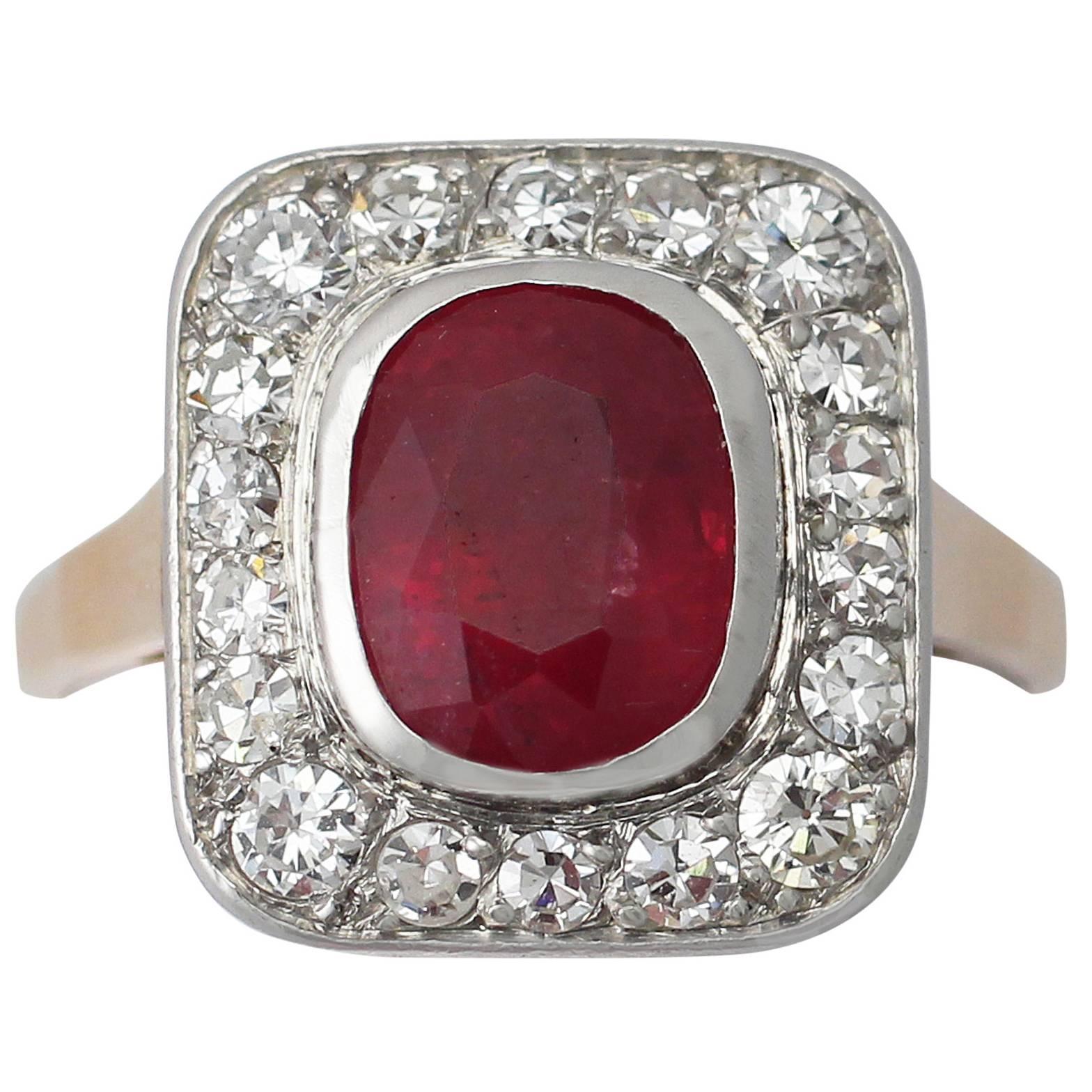 2.85Ct Ruby and 0.75Ct Diamond, 18k Rose Gold Dress Ring - Antique French