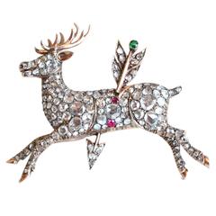 1870s Antique Diamond Deer Stag and Arrow Brooch