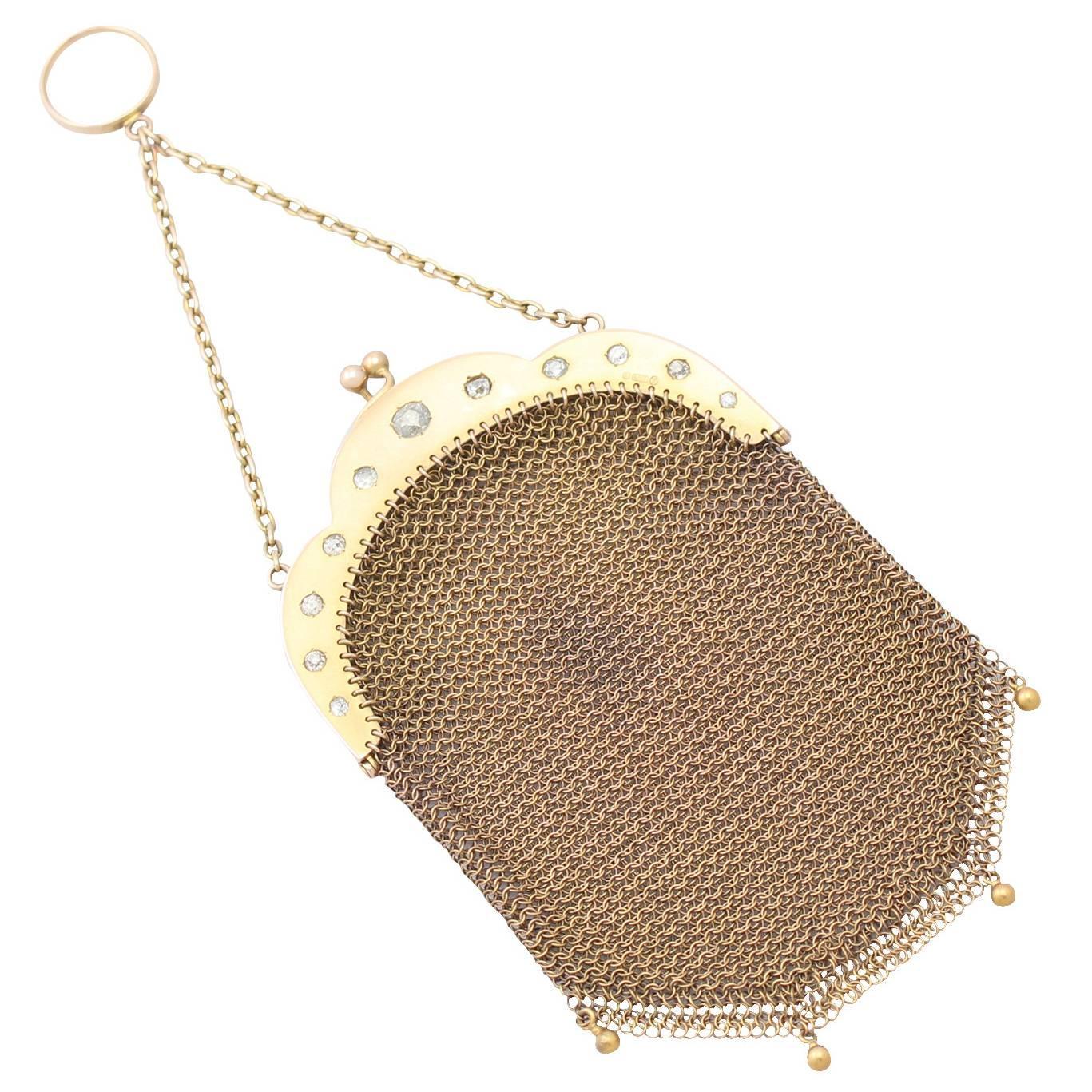 3.16Ct Diamond, 9k Yellow Gold Chain Mail / Mesh Purse Antique