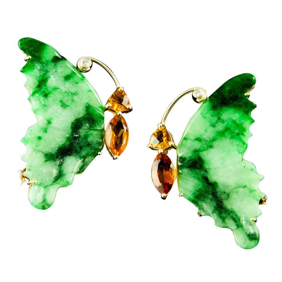 Beautiful Jade Citrine Diamond Gold Butterfly Brooches