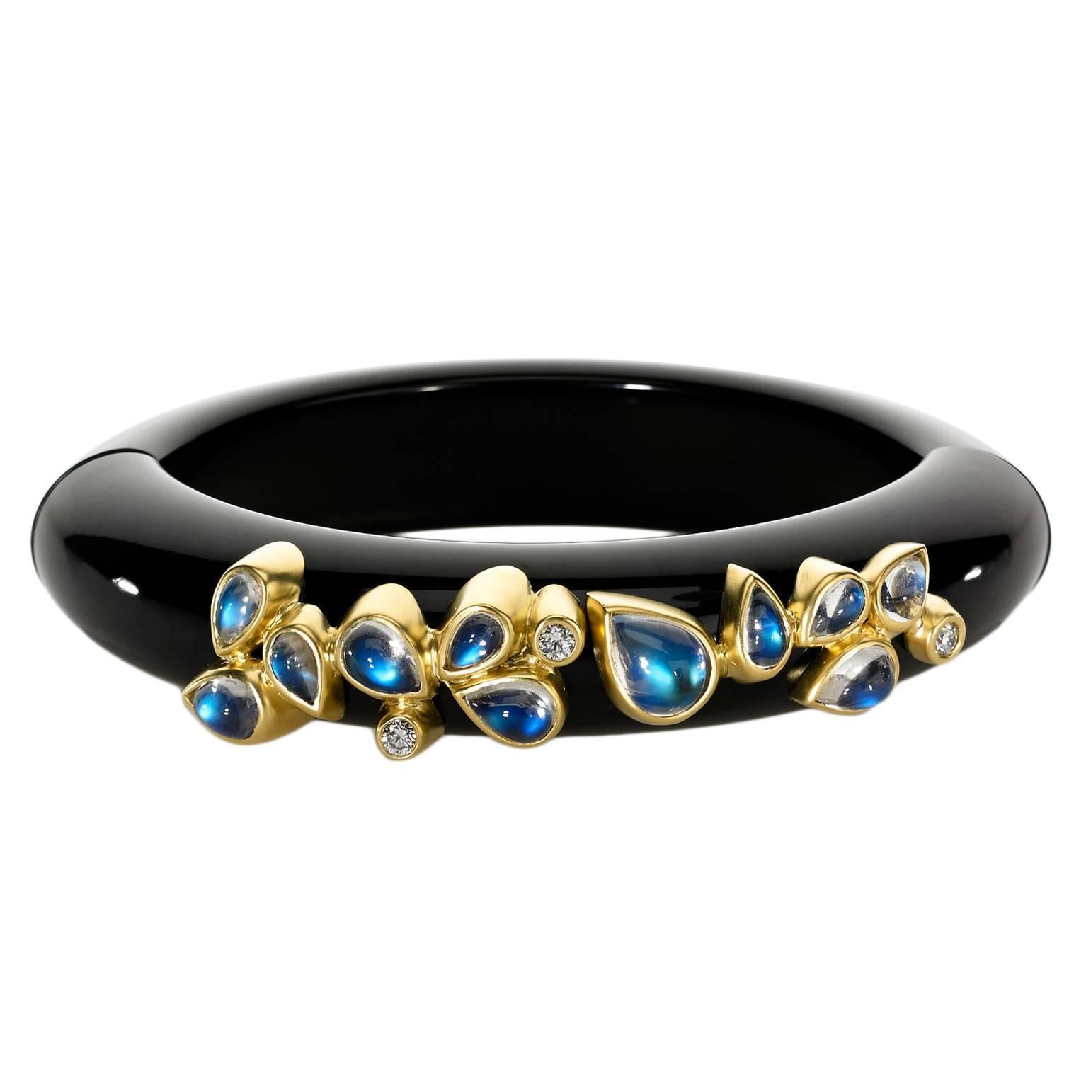 Magnetic Midnight Blue Bakelite Blue Moonstone Diamond Gold Cuff Bracelet