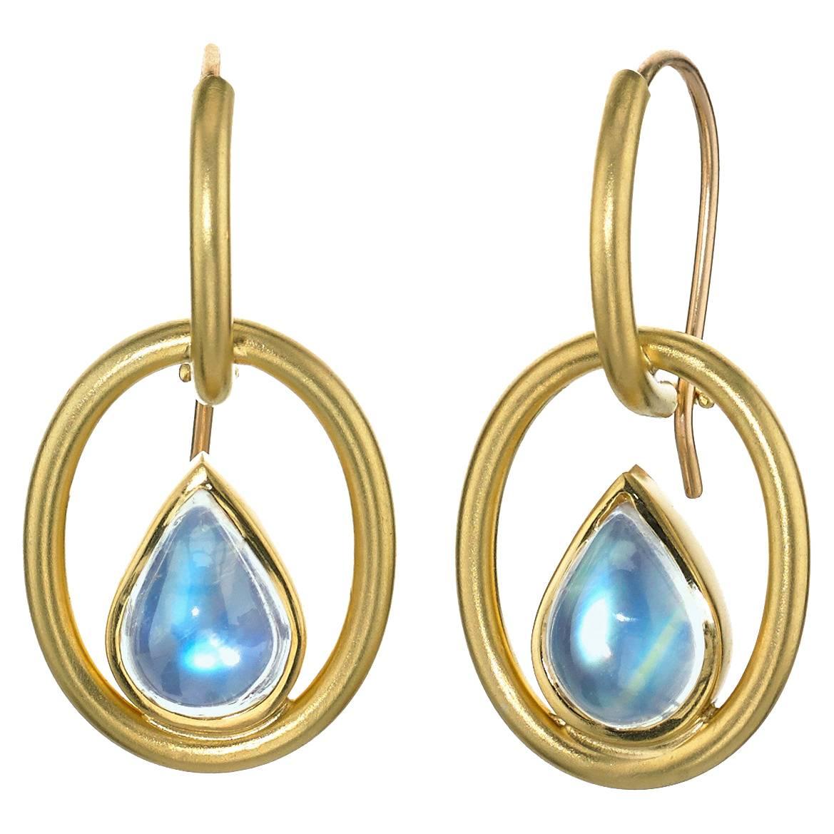 Susan Sadler Pear-Shaped Blue Moonstone Gold Interlink Hook Earrings