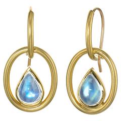 Susan Sadler Pear-Shaped Blue Moonstone Gold Interlink Hook Earrings