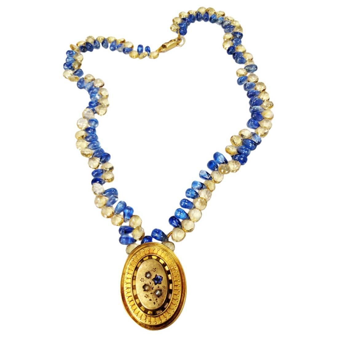 Victorian Locket Sapphire, Citrine Briolette Gold Necklace Fine Estate Jewelry