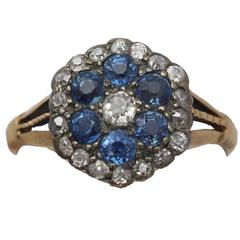 0.58Ct Sapphire & 0.52Ct Diamond, 18k Yellow Gold Cluster Ring - Antique