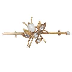 1.28Ct Diamond, Pearl & Garnet, 15k Yellow Gold 'Hornet' Brooch - Antique 5