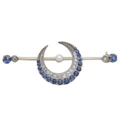 0.85Ct Sapphire & 0.52Ct Diamond, 9k Yellow Gold Crescent Brooch - Antique