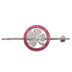 0.84Ct Ruby, 0.28Ct Diamond & Pearl 'Clover' 9k Yellow Gold Brooch - Antique
