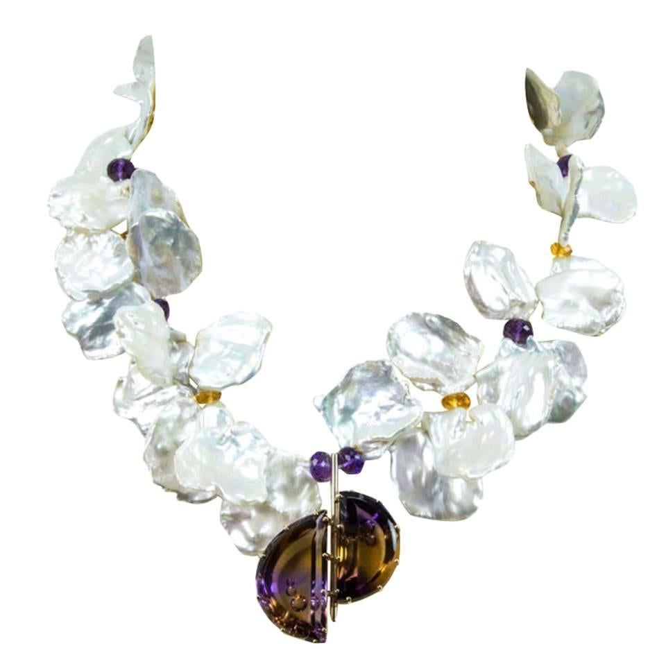 Keshi Pearl and Ametrine Gold Statement Pendant Necklace Fine Estate Jewelry