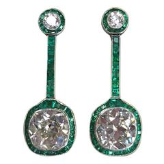 Antique Art Deco Emerald Diamond Platinum Drop Earrings