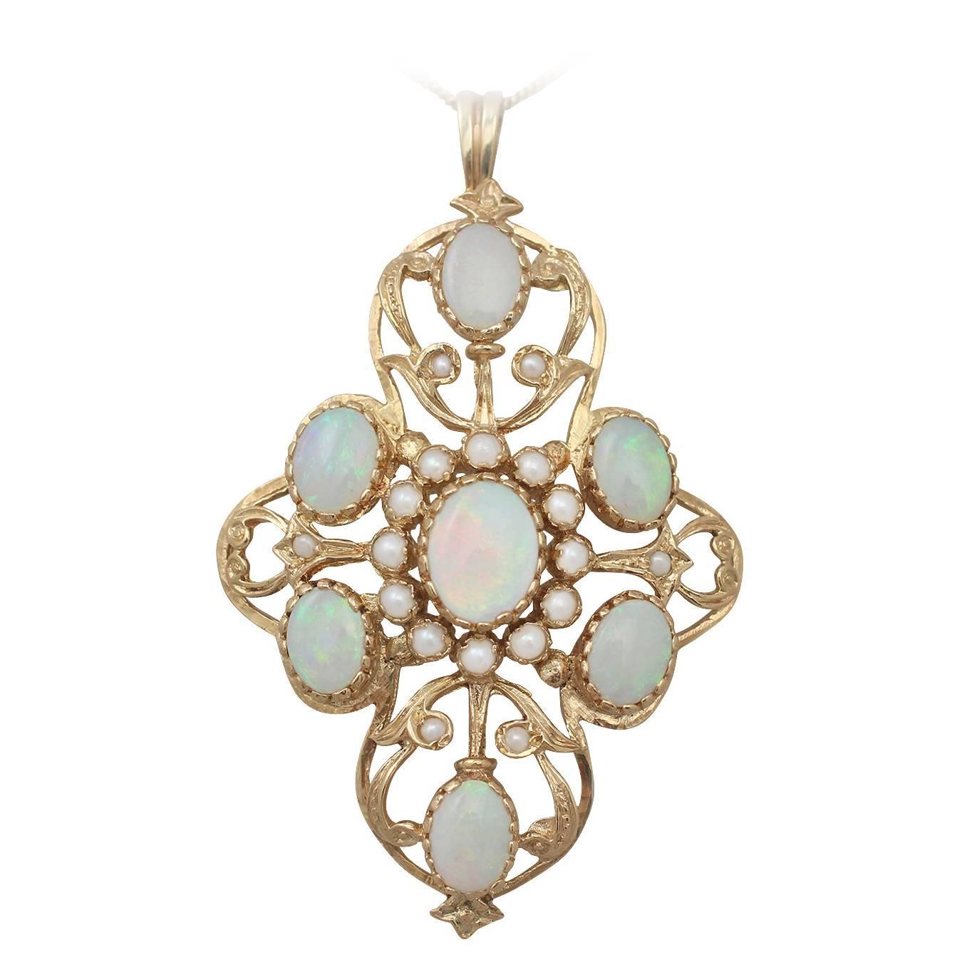 Opal and Pearl 9k Yellow Gold Pendant - Victorian Style - Vintage 1979