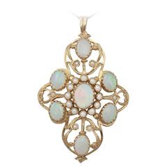 Opal and Pearl 9k Yellow Gold Pendant - Victorian Style - Retro 1979