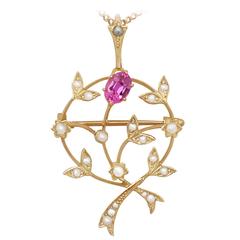 Pink Corundum & Pearl, 9k Yellow Gold Pendant / Brooch - Art Nouveau Style 12