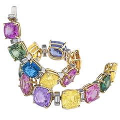 Extraordinary Colored Sapphire Diamond Gold Platinum Bracelet