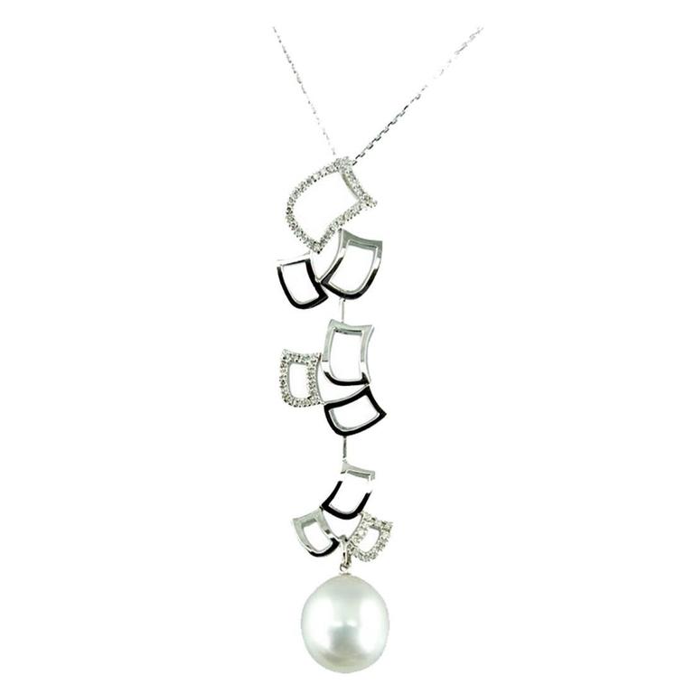 Pearl Diamond Gold Modernist Statement Pendant Necklace For Sale