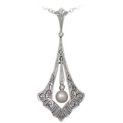 0.10Ct Diamond and Pearl, 14k Yellow Gold Pendant - Antique Circa 1920 11