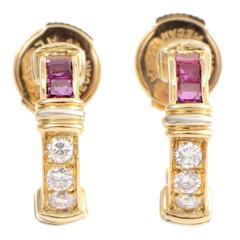 Vintage Cartier Petite Ruby Diamond Gold Huggie Earrings