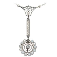 Pearl & 0.13Ct Diamond, 14k White Gold Pendant - Art Nouveau Style - Antique 3