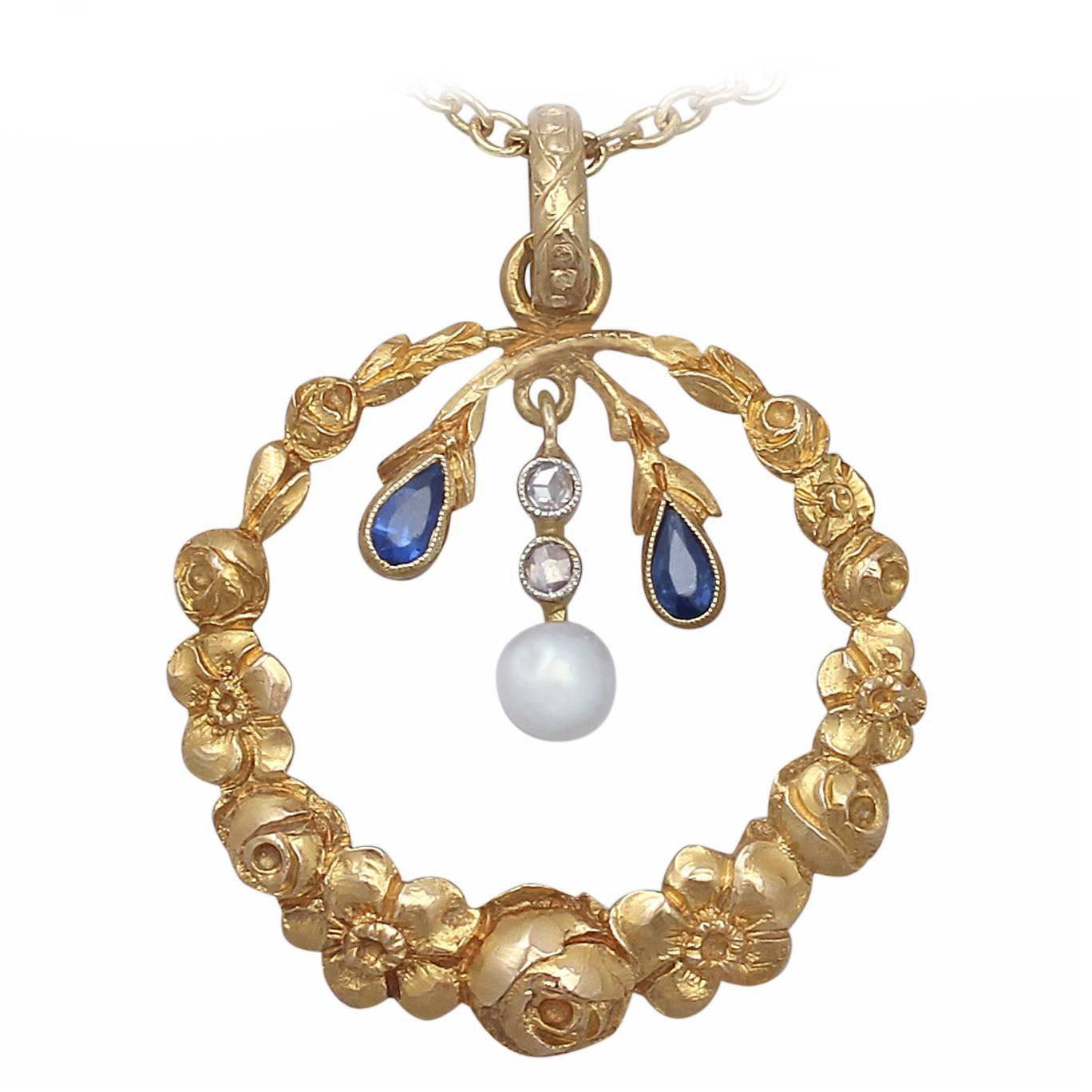 Pearl, 0.06Ct Sapphire and 0.04Ct Diamond, 14k Yellow Gold Pendant, Antique
