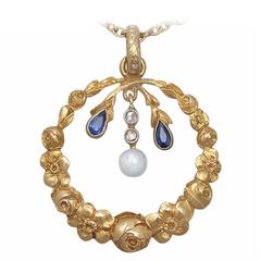 Pearl, 0.06Ct Sapphire & 0.04Ct Diamond, 14k Yellow Gold Pendant - Antique 3