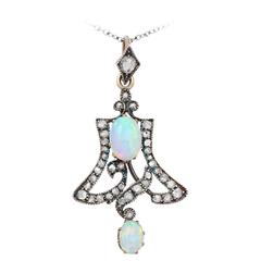 Opal & 1.12Ct Diamond, 15k Yellow Gold Pendant - Art Nouveau Style - Antique 9