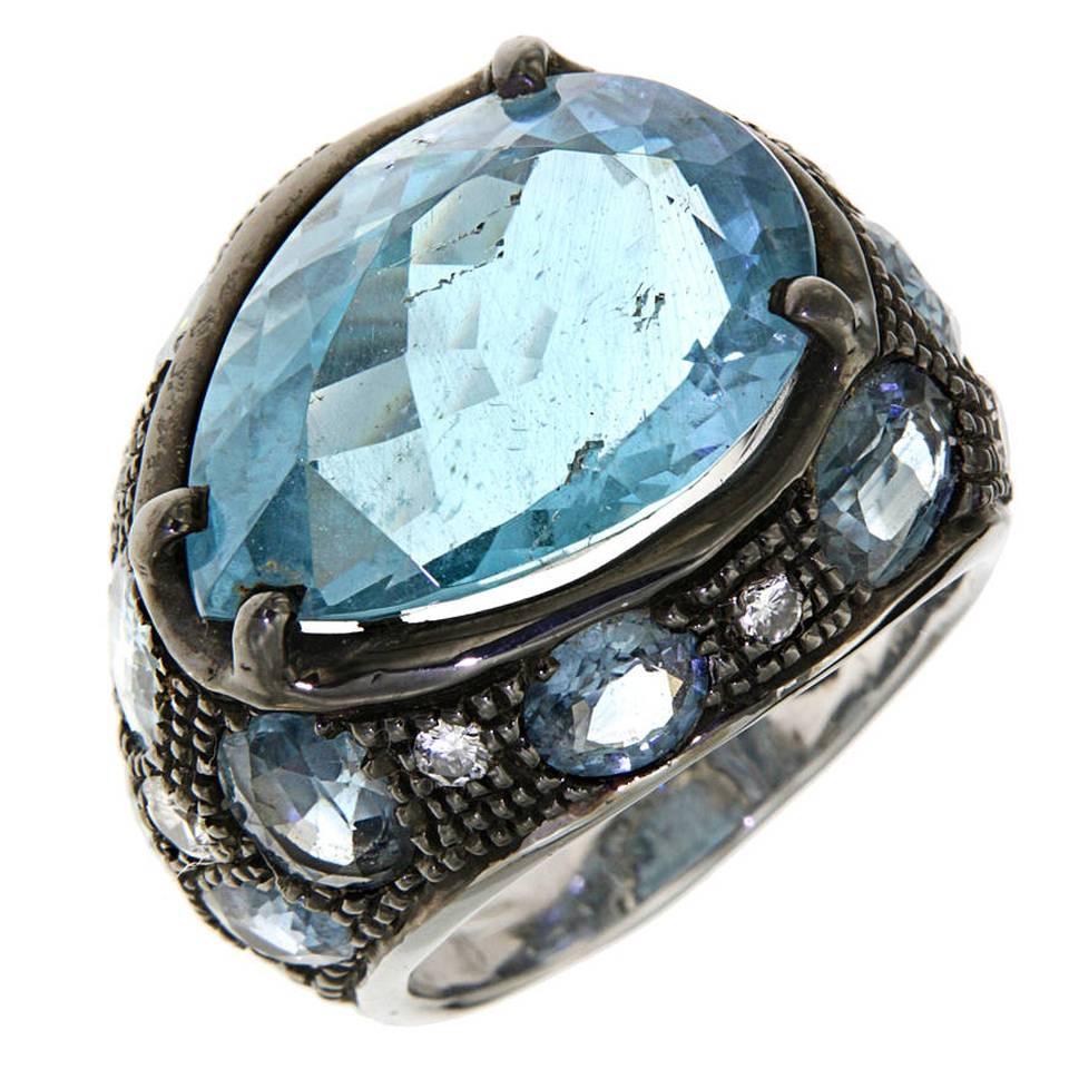Blue Aquamarine Drop White Gold Cocktail Ring Modern Sapphires Diamonds