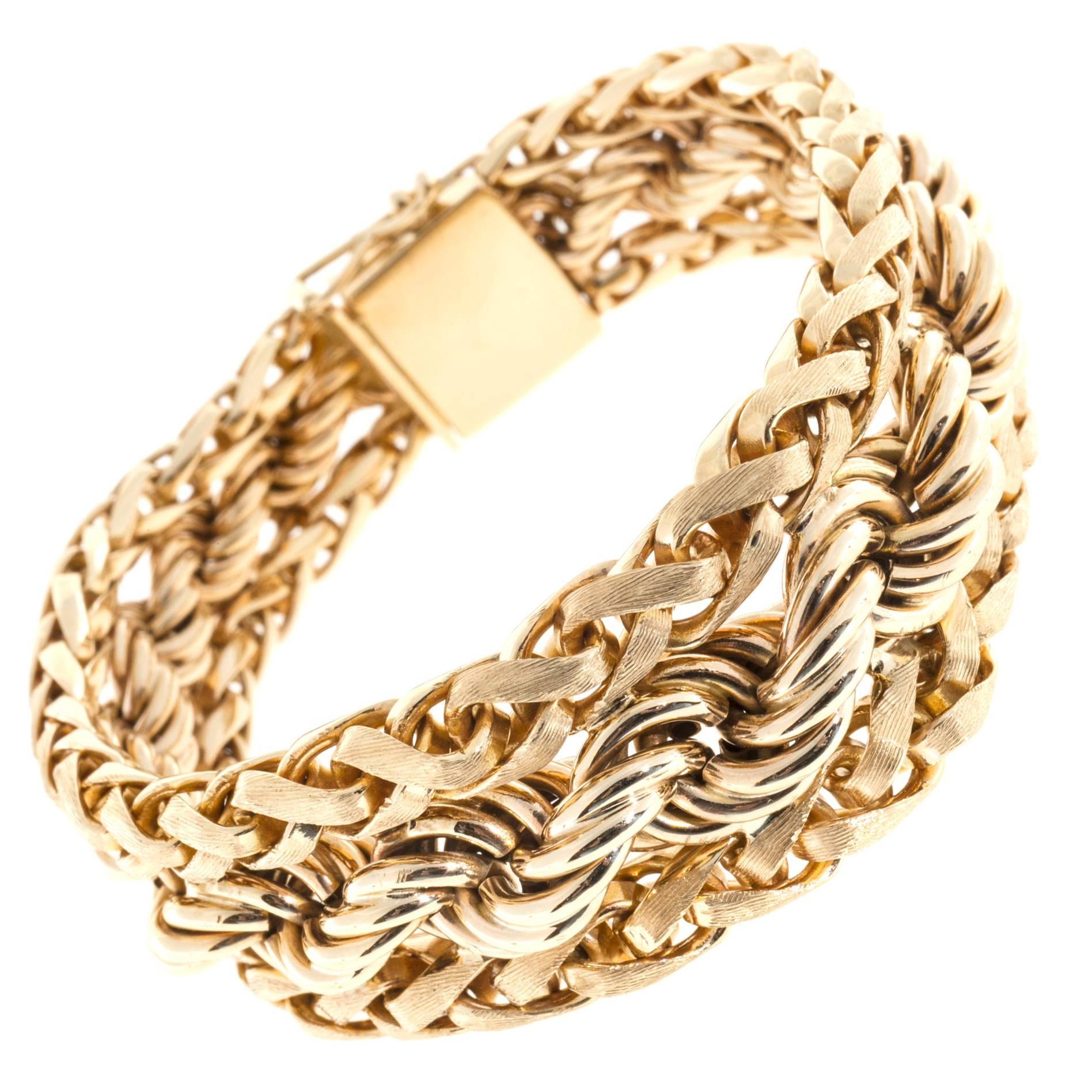 Heavy Gold Florentined Wheat and Rope Chain Bracelet