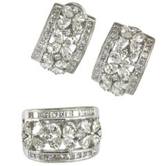 1960s Matching Diamond 18K Gold Flower Earrings and Ring Set
