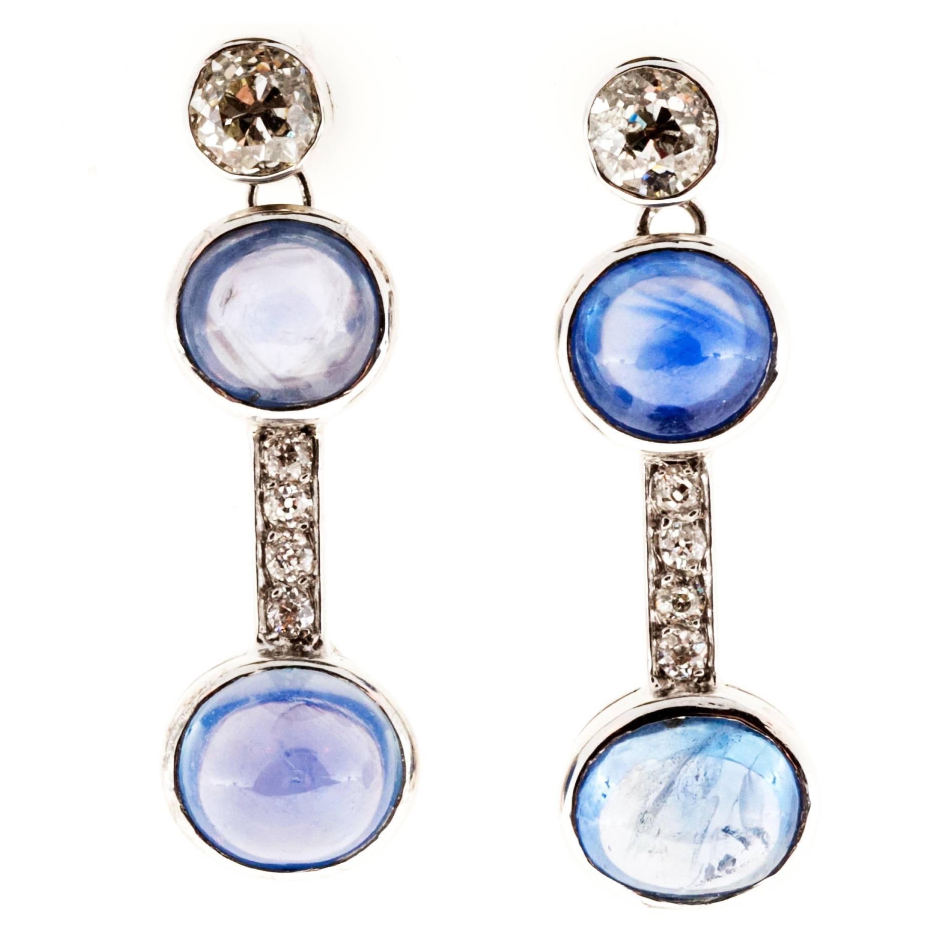 Cabochon Blue Sapphire Diamond Platinum Dangle Earrings