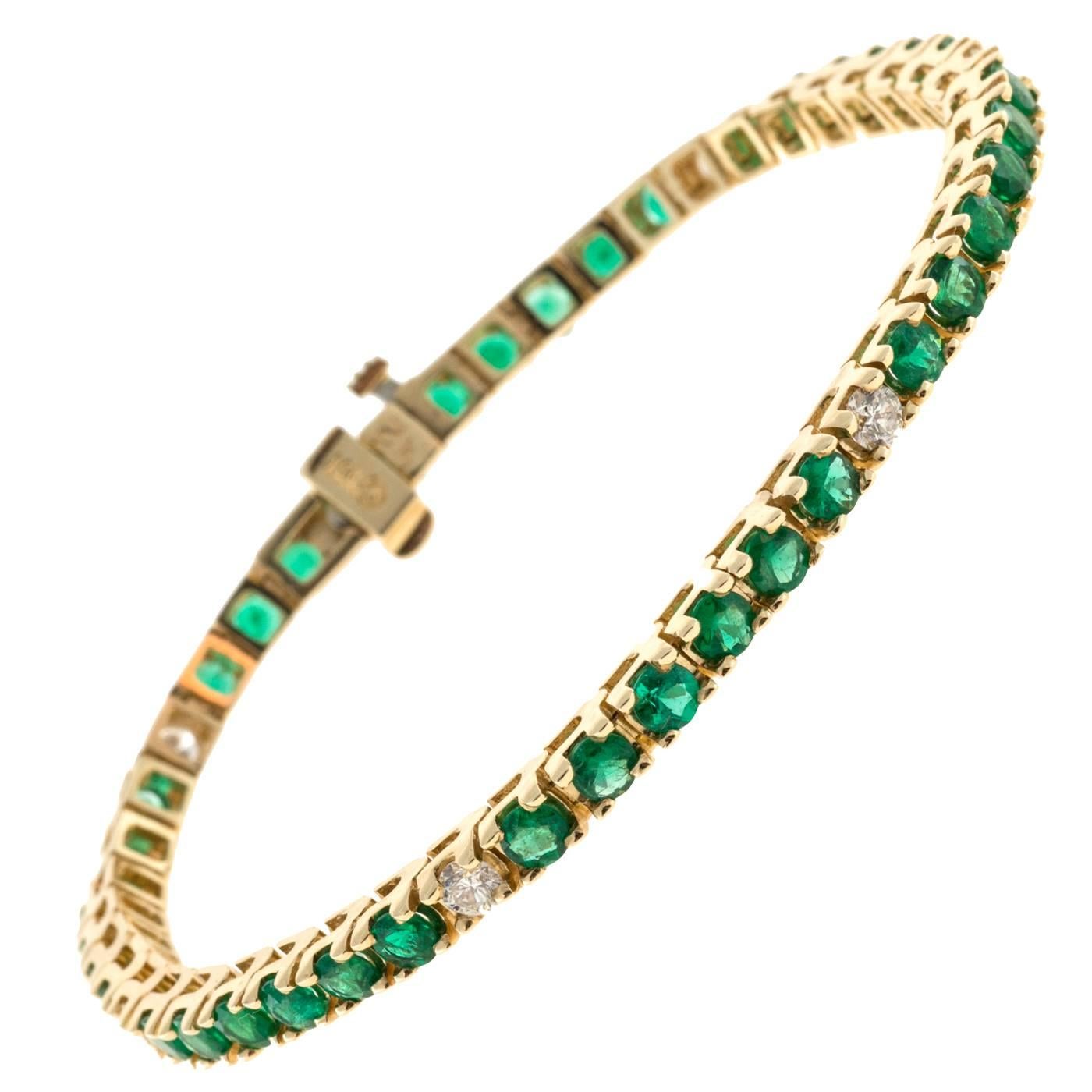 Green Emerald Diamond Gold Tennis Bracelet