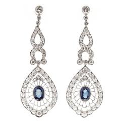 Sapphire Diamond Platinum Dangle Earrings