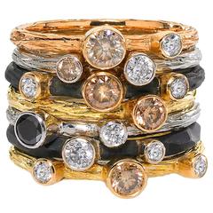 Assorted White Cognac Black Diamond Gold Steel Stacking Rings 7