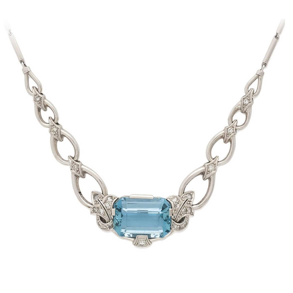 Retro 60's Aquamarine Diamond Gold Necklace For Sale