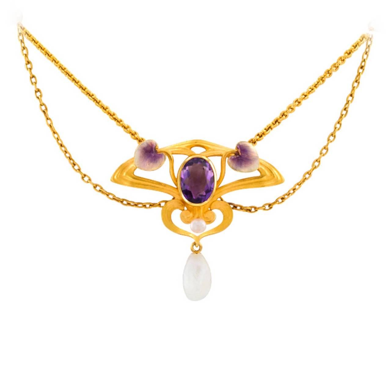Krementz Art Nouveau Pearl Enamel Amethyst Necklace