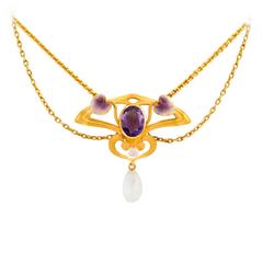 Krementz Art Nouveau Pearl Enamel Amethyst Necklace