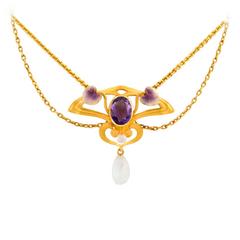 Antique Krementz Art Nouveau Pearl Enamel Amethyst Necklace