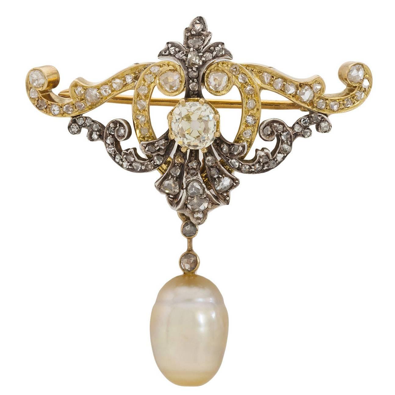 Early 19th Century Pearl Diamond Gold Pin and Chain