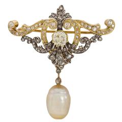 Early 19th Century Pearl Diamond Gold Pin and Chain